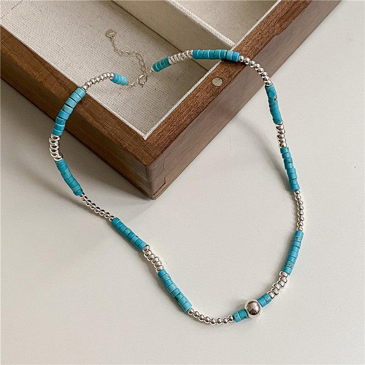 S925 Sterling Silver Turquoise Silver Bead Necklace Handmade - Trendha