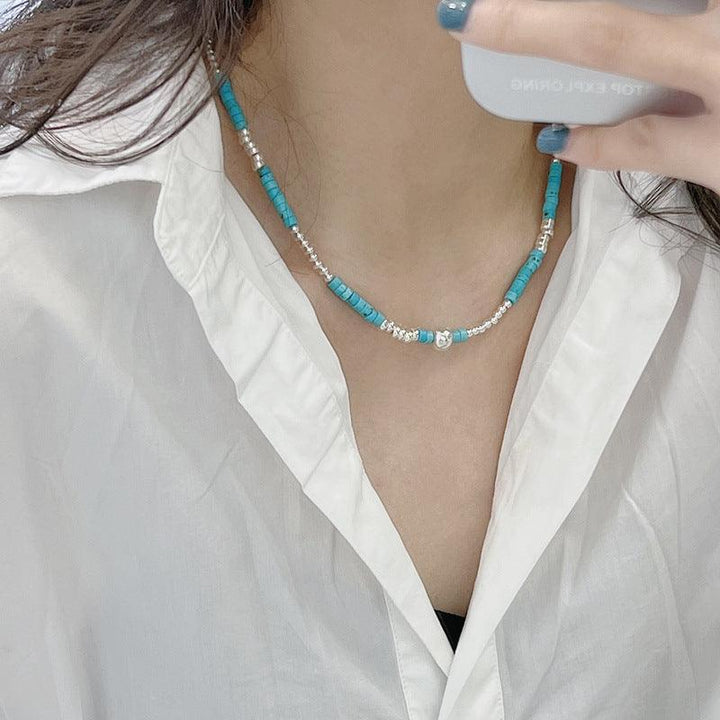 S925 Sterling Silver Turquoise Silver Bead Necklace Handmade - Trendha
