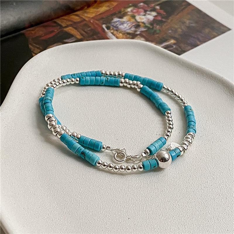 S925 Sterling Silver Turquoise Silver Bead Necklace Handmade - Trendha