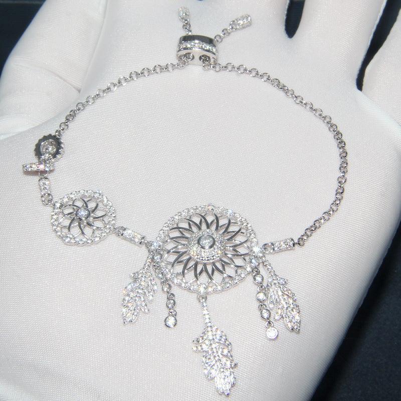S925 Sterling Silver Women's Diamond Set Dream Catcher Bracelet - Trendha