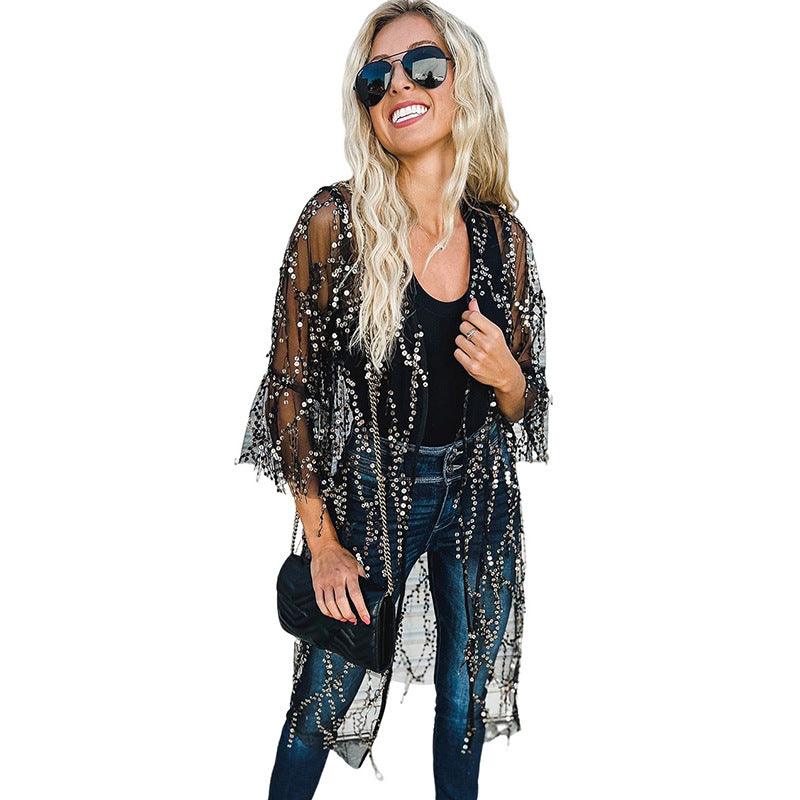 Sequined Transparent Mid-length Cardigan For Women Autumn - Trendha