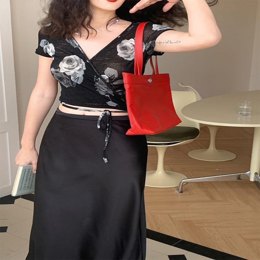 Short Lace Up Slim V-neck Short-sleeved T-shirt Women's Top - Trendha