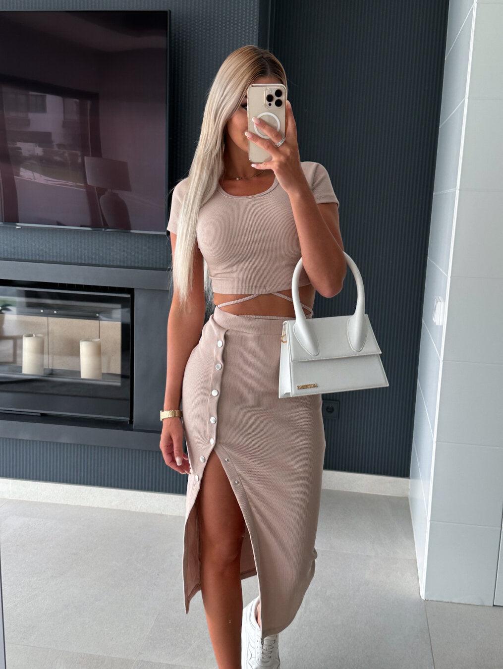 Short Sleeve Round Neck Top Button Hip-wrapped Mid-length Dress Casual Two-piece Suit - Trendha