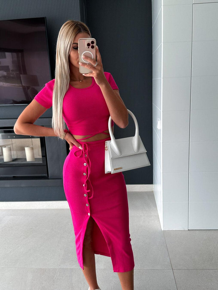 Short Sleeve Round Neck Top Button Hip-wrapped Mid-length Dress Casual Two-piece Suit - Trendha