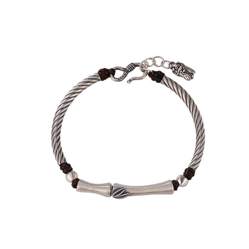 Silver S999 Full Silver Vintage Personality Slub Bamboo Leaf Bracelet - Trendha
