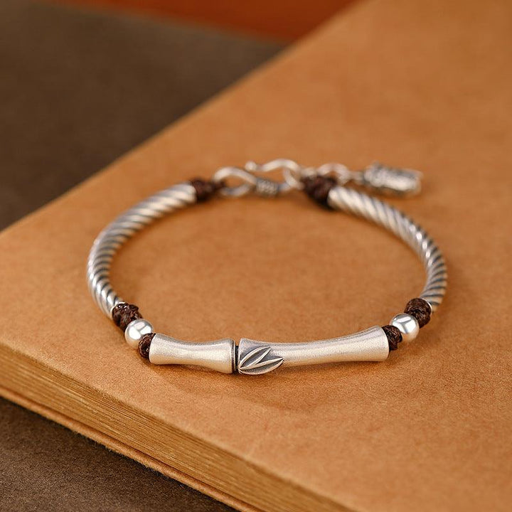 Silver S999 Full Silver Vintage Personality Slub Bamboo Leaf Bracelet - Trendha