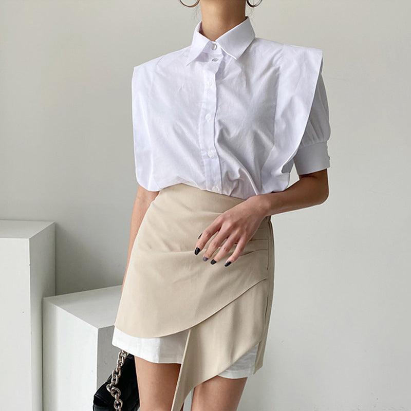 Single-breasted Loose Short Sleeve Shirt High Waist Irregular Sheath Skirt - Trendha