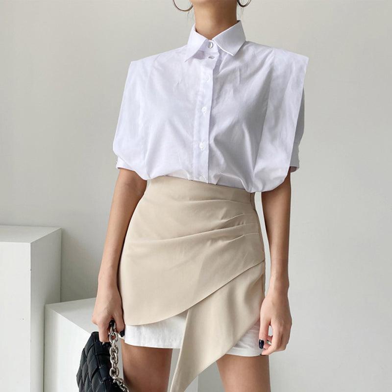 Single-breasted Loose Short Sleeve Shirt High Waist Irregular Sheath Skirt - Trendha