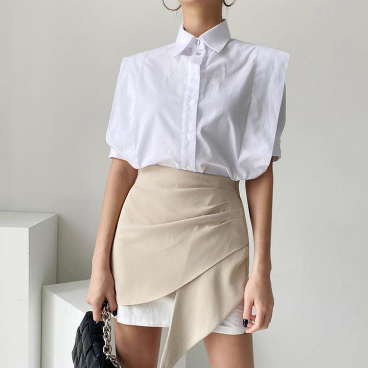 Single-breasted Loose Short Sleeve Shirt High Waist Irregular Sheath Skirt - Trendha