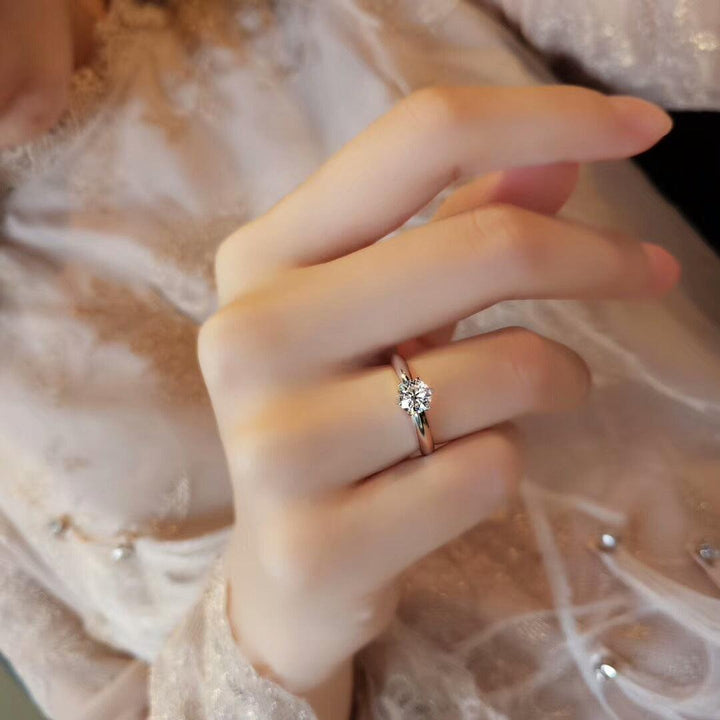 Six Claw Diamond Ring Female Simulation 1 Carat Two Silver T - Trendha