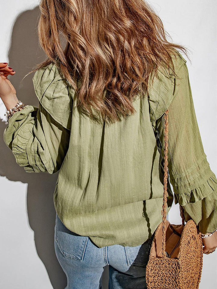 Solid Color And V-neck Ruffled Puff Sleeve Shirt European And American Leisure Pullover - Trendha