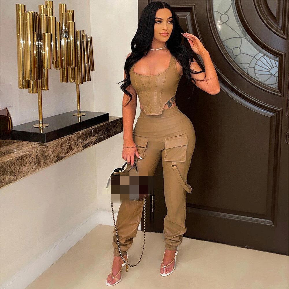 Solid Color Sleeveless Top Blouse And Pants - Trendha