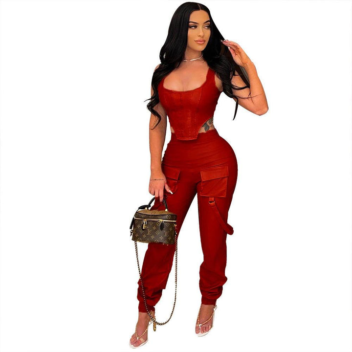 Solid Color Sleeveless Top Blouse And Pants - Trendha