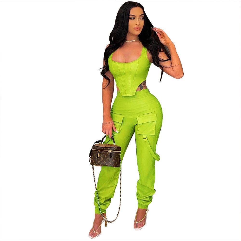 Solid Color Sleeveless Top Blouse And Pants - Trendha