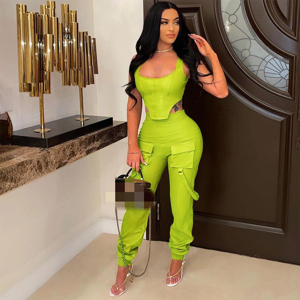 Solid Color Sleeveless Top Blouse And Pants - Trendha