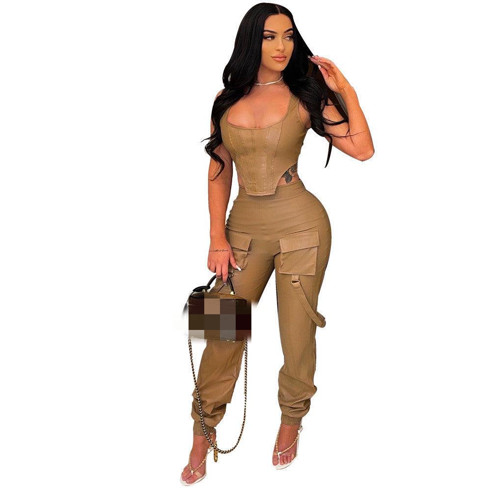 Solid Color Sleeveless Top Blouse And Pants - Trendha