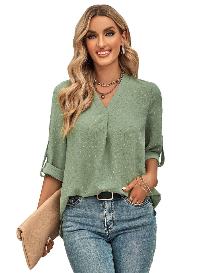 Spring And Summer Women's Clothing Fashion Solid Color Loose V-neck 34 Sleeves Top - Trendha