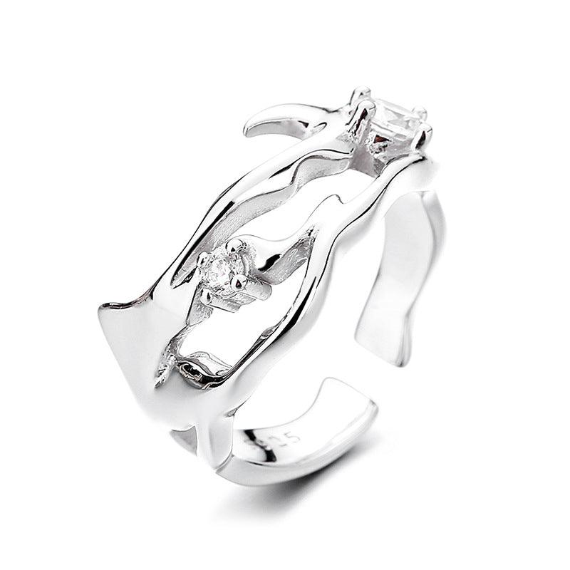 Sterling Silver Hollow Inlaid Zircon Irregular Ring - Trendha