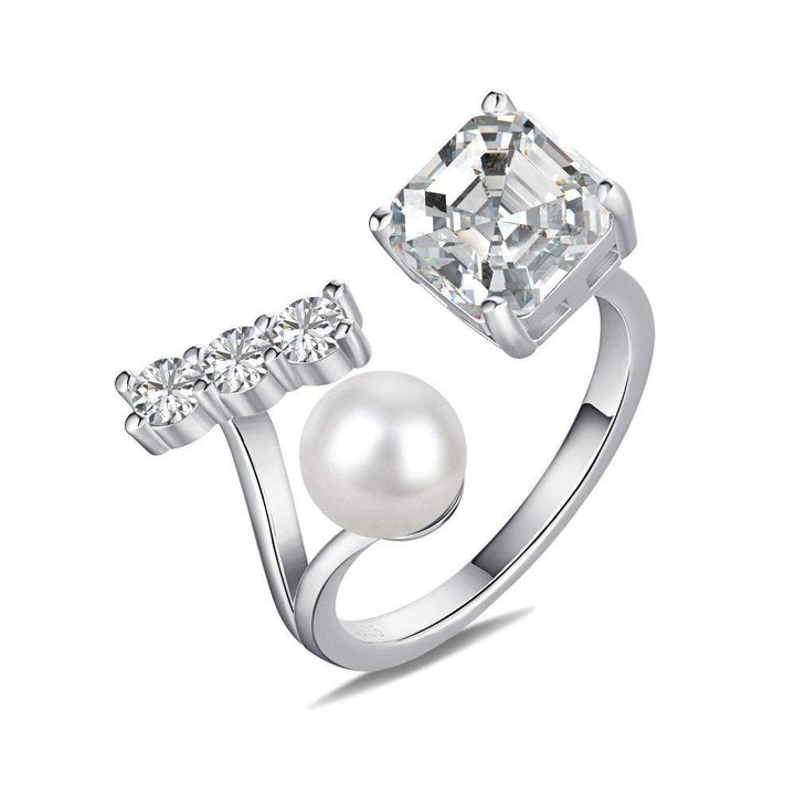 Sterling Silver Pearl Ring Square Zircon Ring Opening Adjustable - Trendha