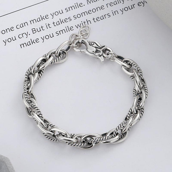 Sterling Silver Vintage Personality Stitching Twist Dragon Head Buckle Woven Bracelet - Trendha