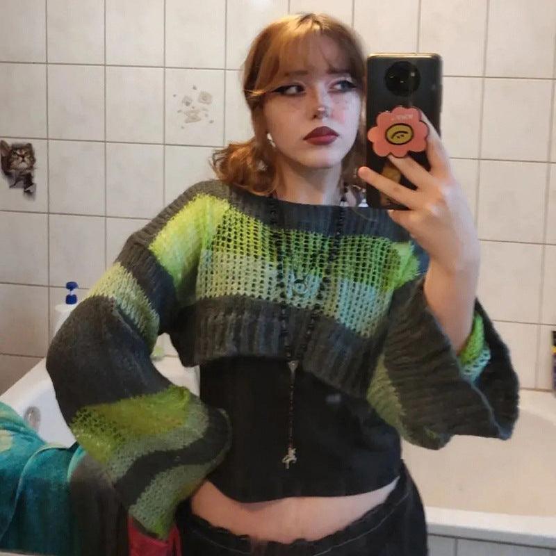 Stripe Color Blocking Hollow Perspective Wool Short Blouse Loose