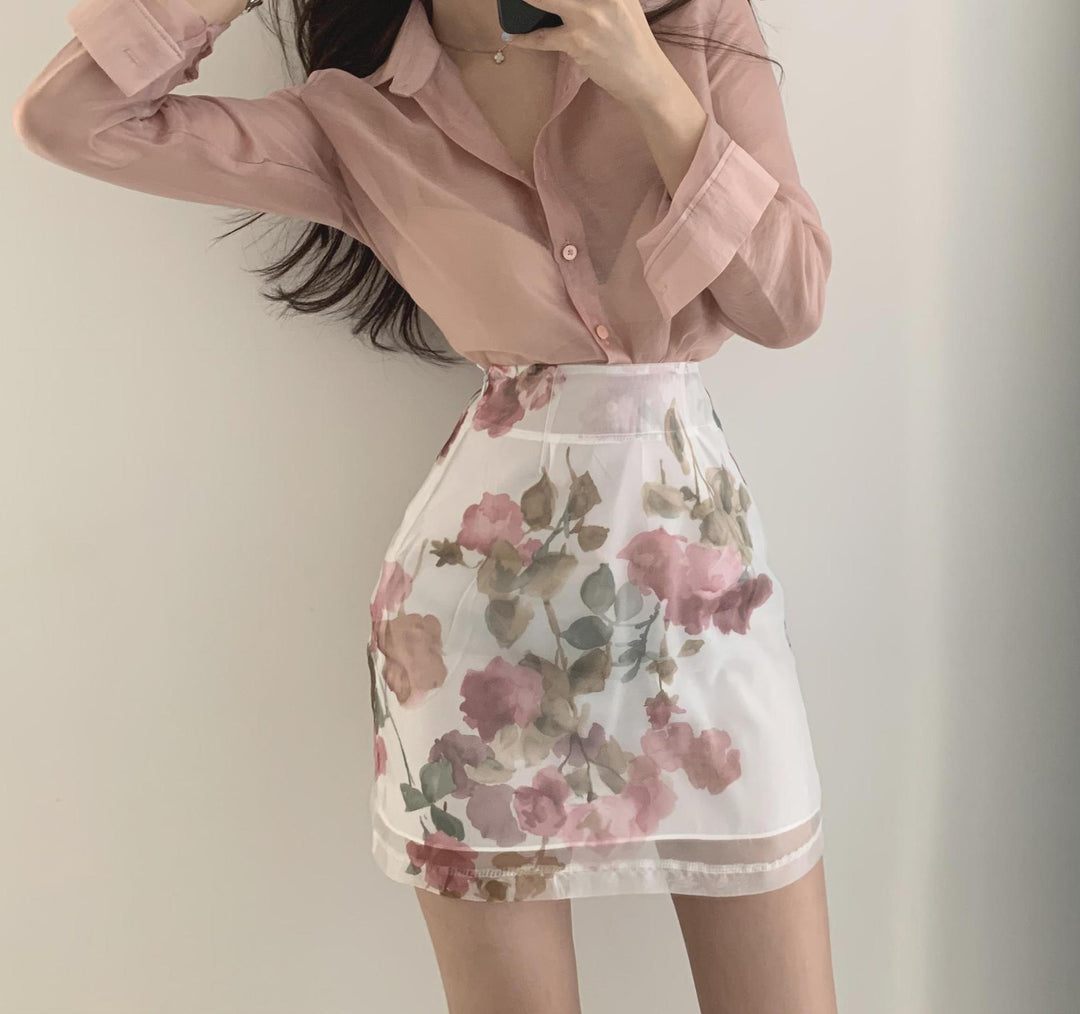 Sun Protection Shirt High Waist Color Printing Chiffon Skirt - Trendha
