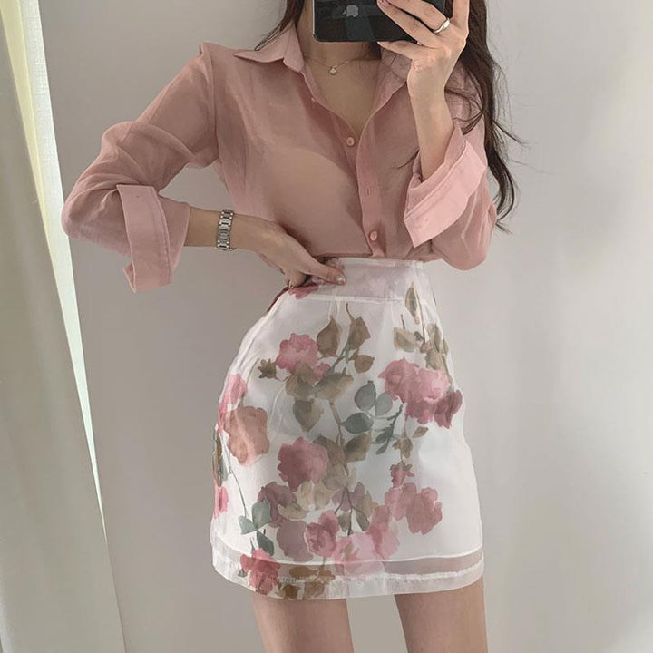 Sun Protection Shirt High Waist Color Printing Chiffon Skirt - Trendha