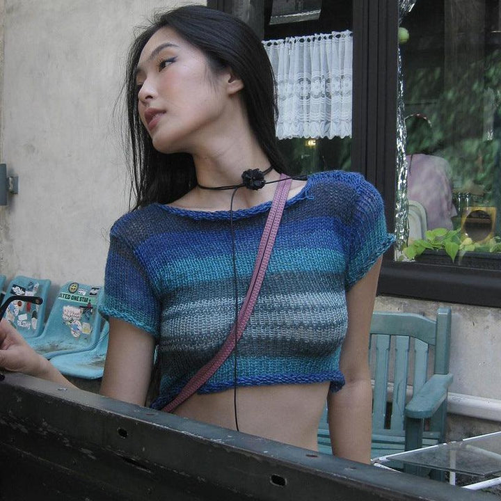 Thin White Blue Stripe Contrast Wool Short Sleeve - Trendha