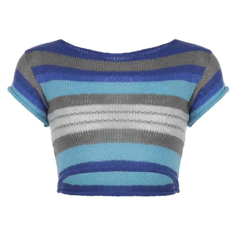 Thin White Blue Stripe Contrast Wool Short Sleeve - Trendha