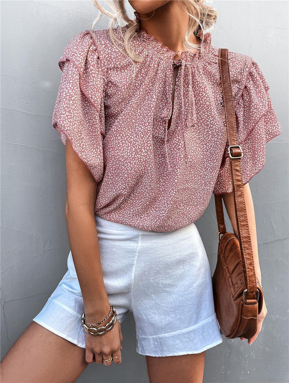 Tied V-neck Leopard Print Top Casual T-shirt - Trendha