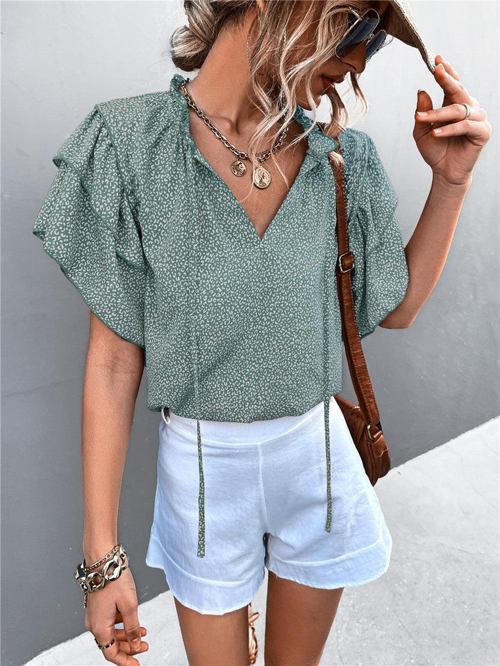 Tied V-neck Leopard Print Top Casual T-shirt - Trendha