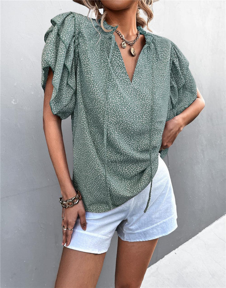 Tied V-neck Leopard Print Top Casual T-shirt - Trendha