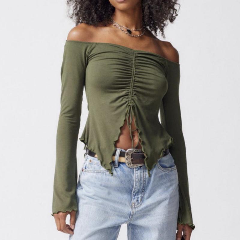 Two-wear Top Wooden Ear Edge Horn Sleeve Sexy Off-the-shoulder Long Sleeve T-shirt Woman - Trendha