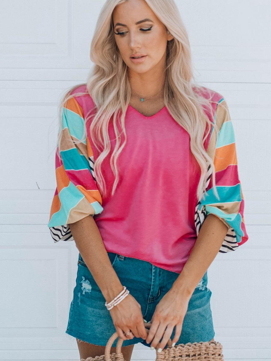 V-neck Pullover Contrast Stitching Short Sleeves Top - Trendha