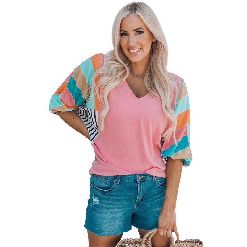 V-neck Pullover Contrast Stitching Short Sleeves Top - Trendha