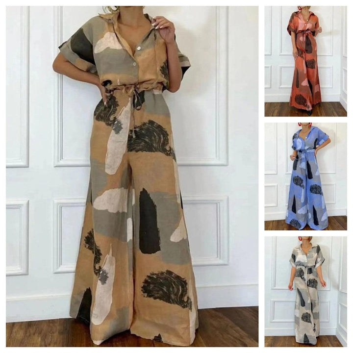 Women's Casual Loose Short Sleeves Lapel Print Lace-up Jumpsuit - Trendha