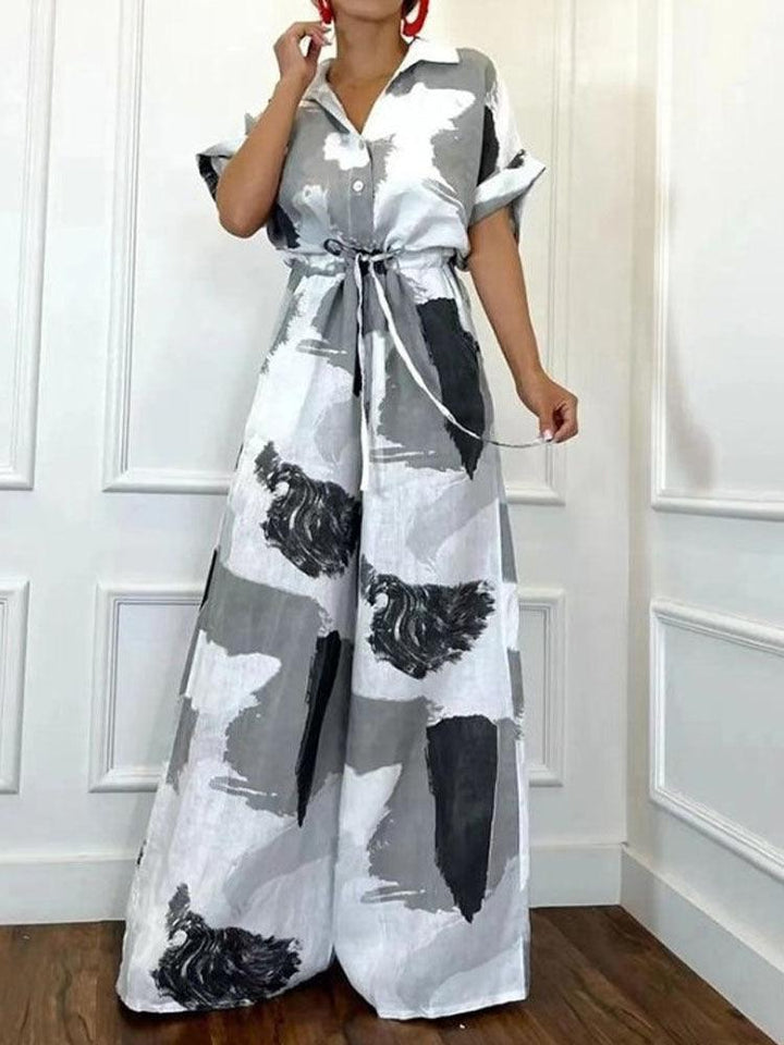 Women's Casual Loose Short Sleeves Lapel Print Lace-up Jumpsuit - Trendha