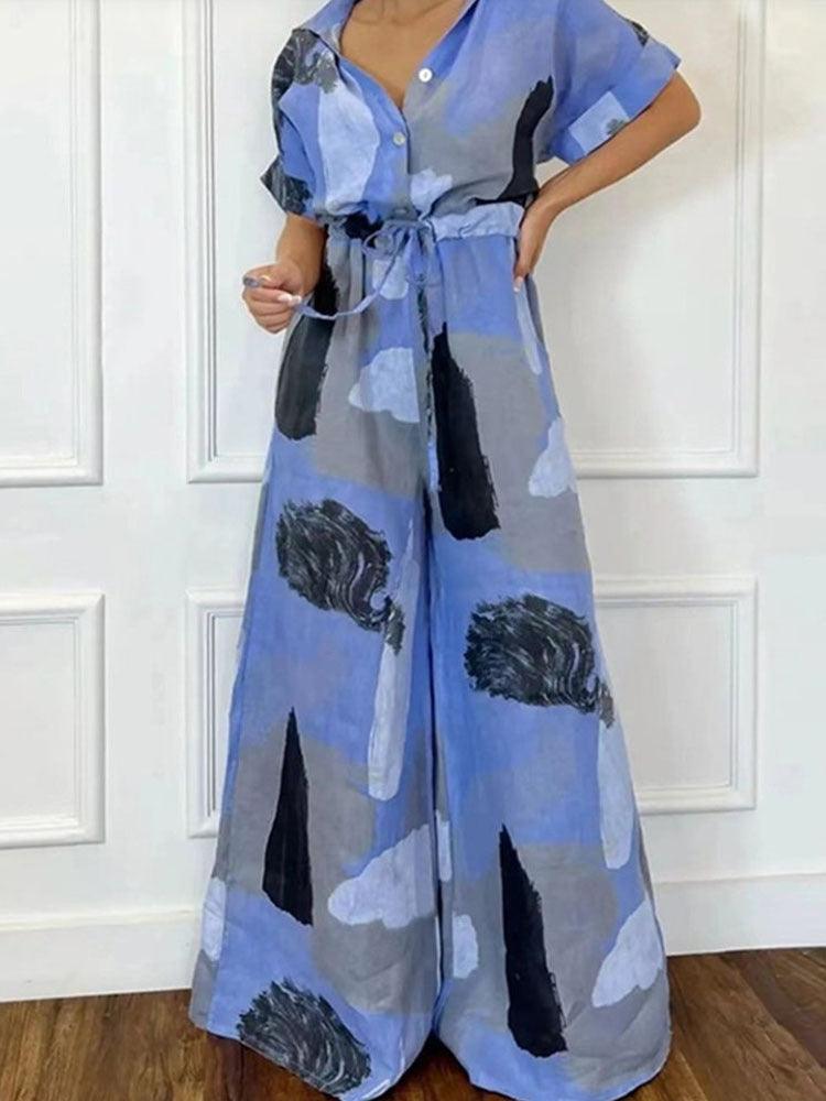 Women's Casual Loose Short Sleeves Lapel Print Lace-up Jumpsuit - Trendha