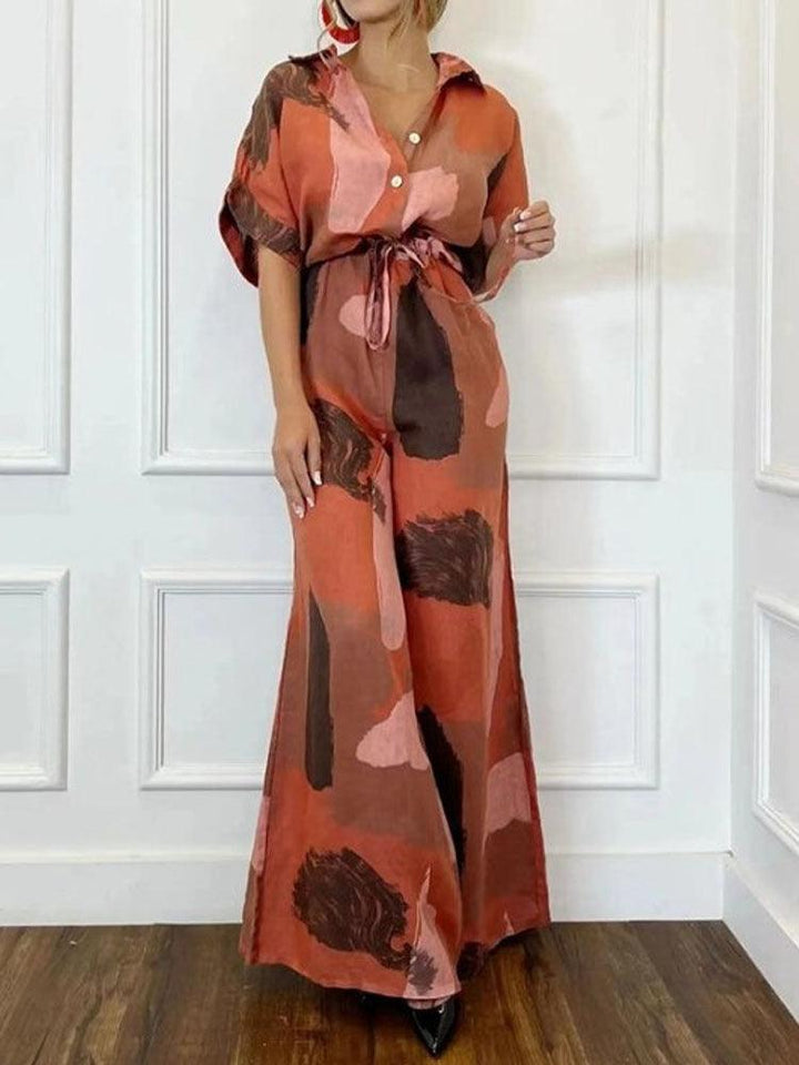 Women's Casual Loose Short Sleeves Lapel Print Lace-up Jumpsuit - Trendha