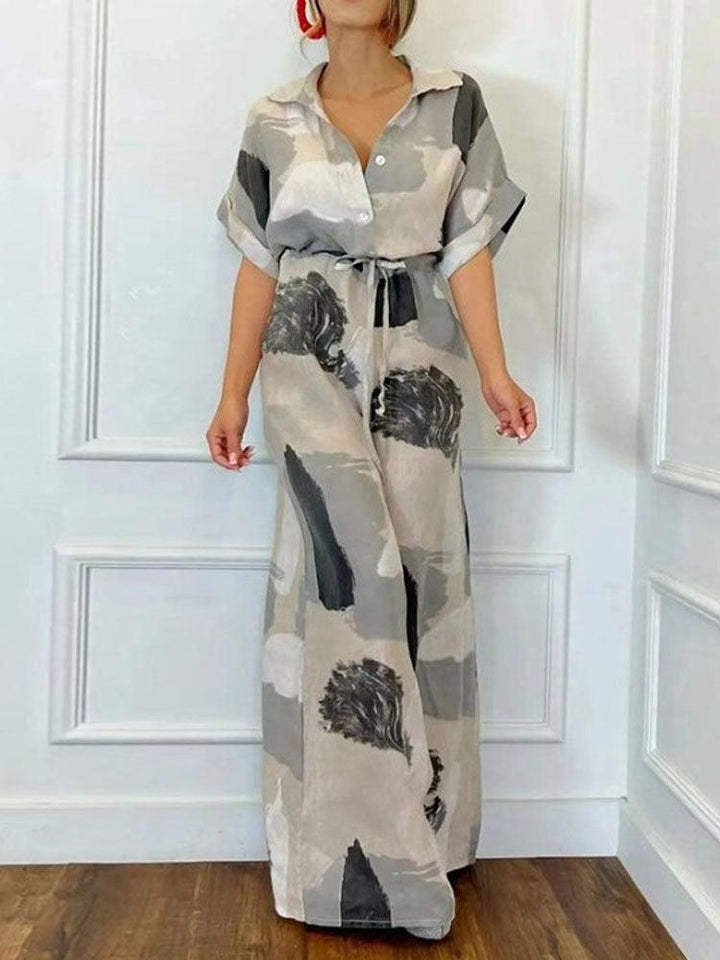 Women's Casual Loose Short Sleeves Lapel Print Lace-up Jumpsuit - Trendha