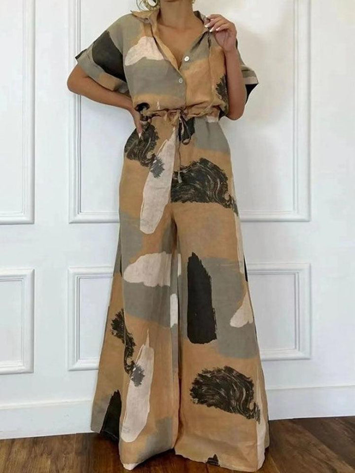 Women's Casual Loose Short Sleeves Lapel Print Lace-up Jumpsuit - Trendha