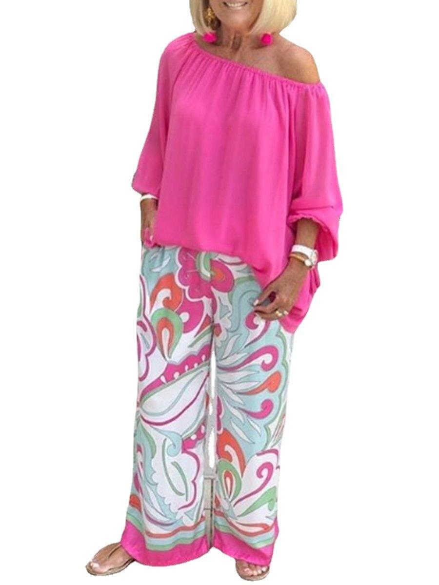 Women's Clothing Printed Pants Off-shoulder Top Casual Suit - Trendha