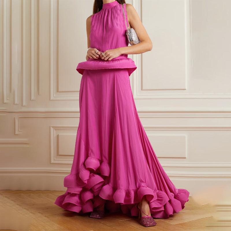 Women's Fashion Pleated Stand Collar Sleeveless Top Ruffled Skirt Two-piece Set - Trendha