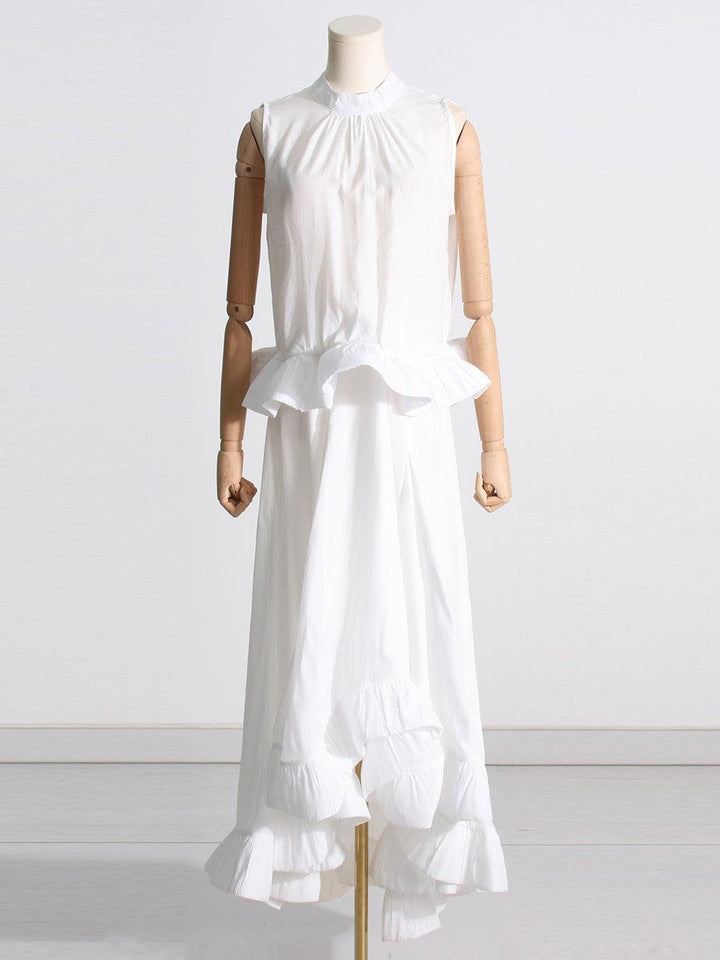 Women's Fashion Pleated Stand Collar Sleeveless Top Ruffled Skirt Two-piece Set - Trendha