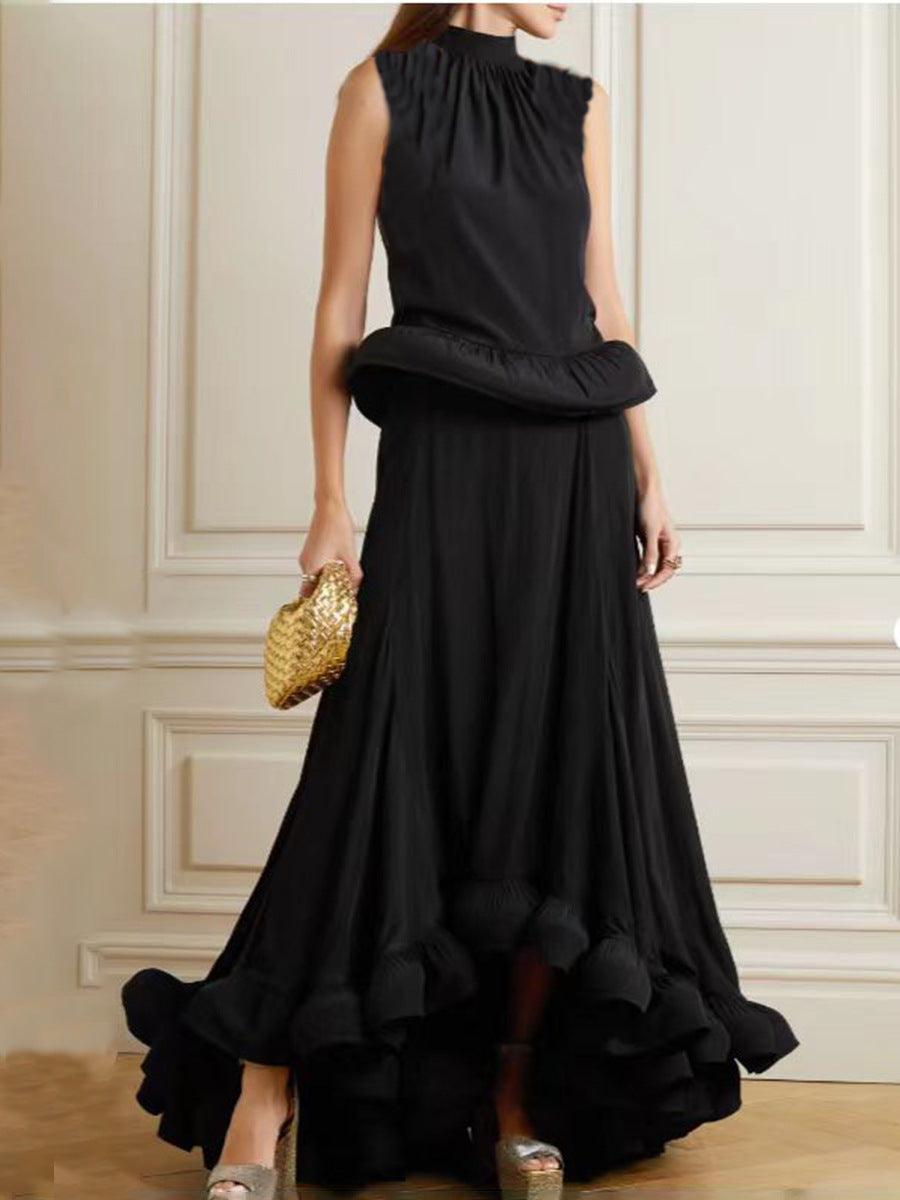 Women's Fashion Pleated Stand Collar Sleeveless Top Ruffled Skirt Two-piece Set - Trendha