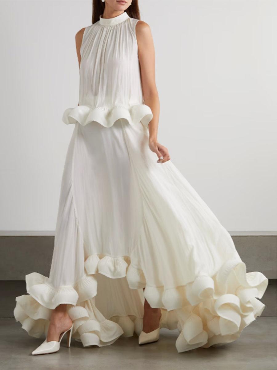 Women's Fashion Pleated Stand Collar Sleeveless Top Ruffled Skirt Two-piece Set - Trendha