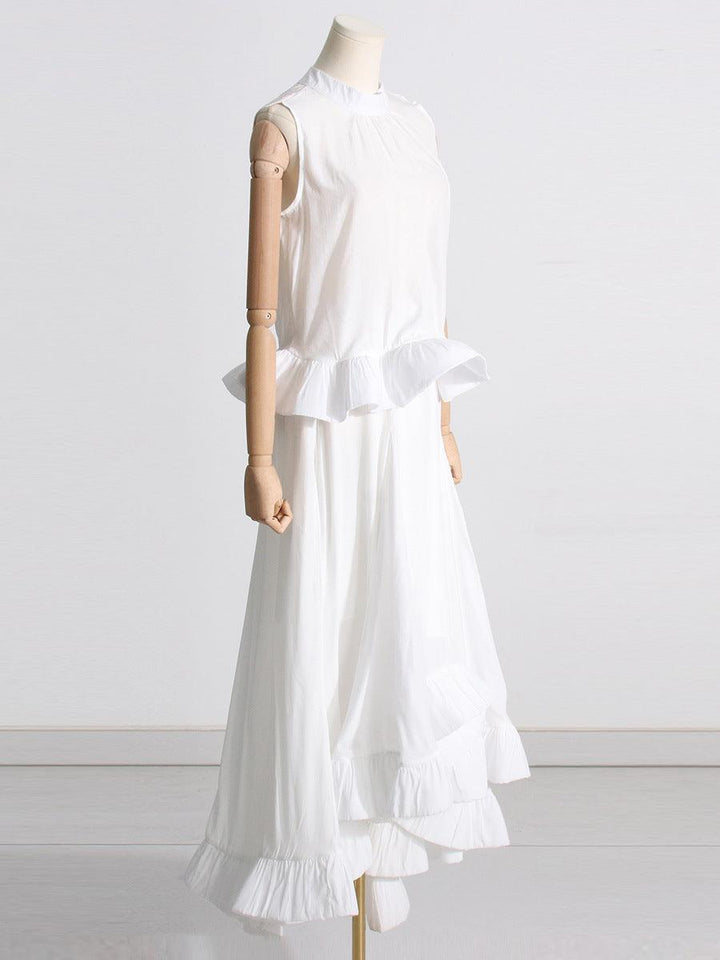 Women's Fashion Pleated Stand Collar Sleeveless Top Ruffled Skirt Two-piece Set - Trendha