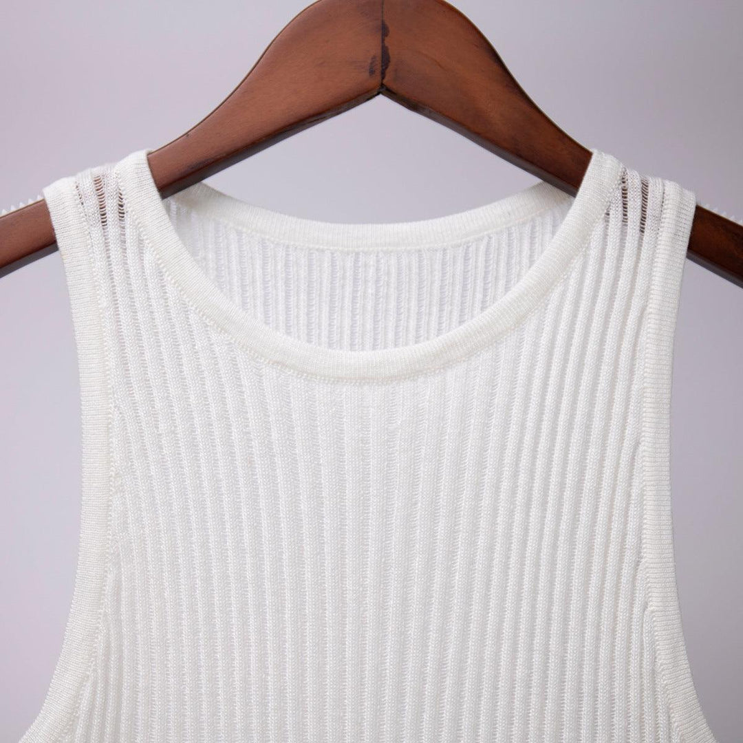 Women's Fashion Solid Color Rib Fabric Hollow Vest Slim Sleeveless Knitted Top - Trendha