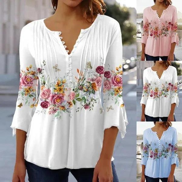 Women's Floral Printed V-neck Three-Quarter Sleeve Button T-shirt