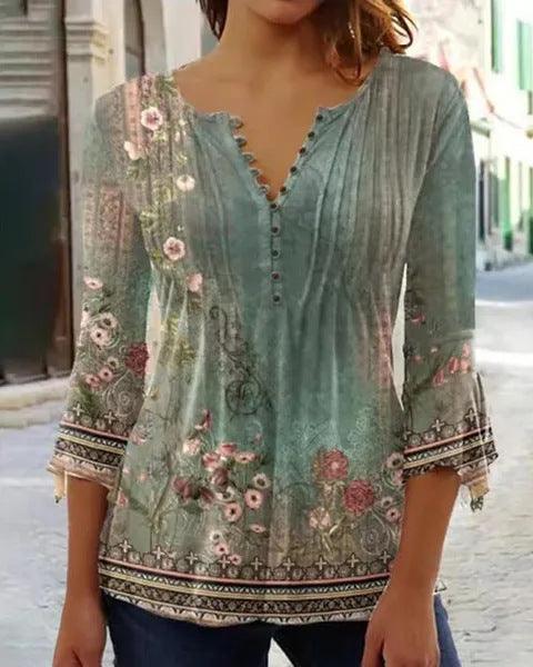 Women's Floral Printed V-neck Short Sleeve Button T-shirt - Trendha